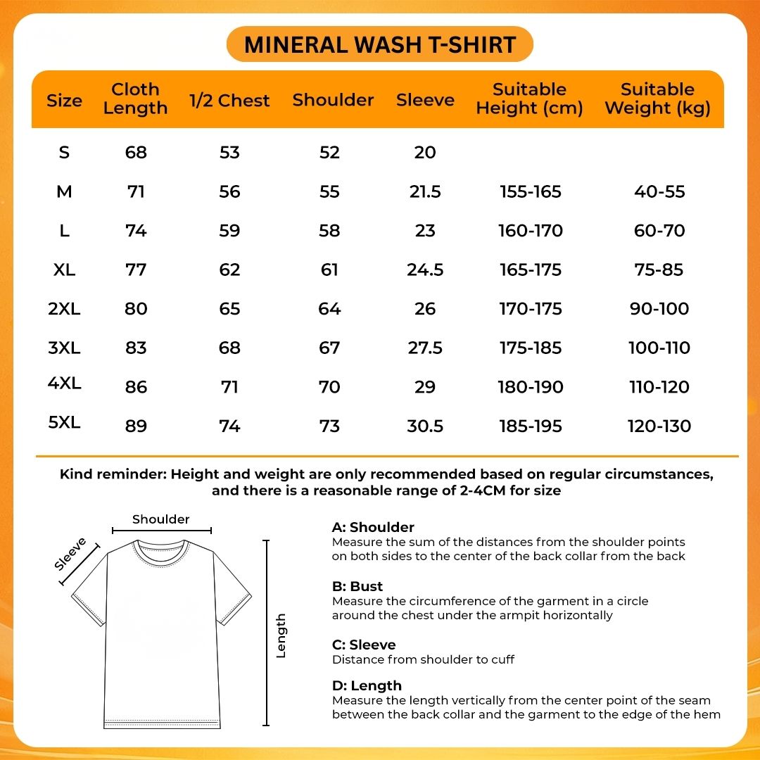 Mineral Wash T Shirt Size Chart - Uzumaki Merch